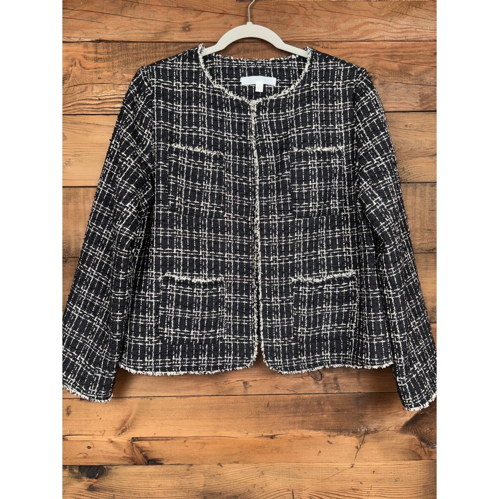 Adyson Parker Tweed Jacket Womens Large Fringe Trim Hook Eye Open Front